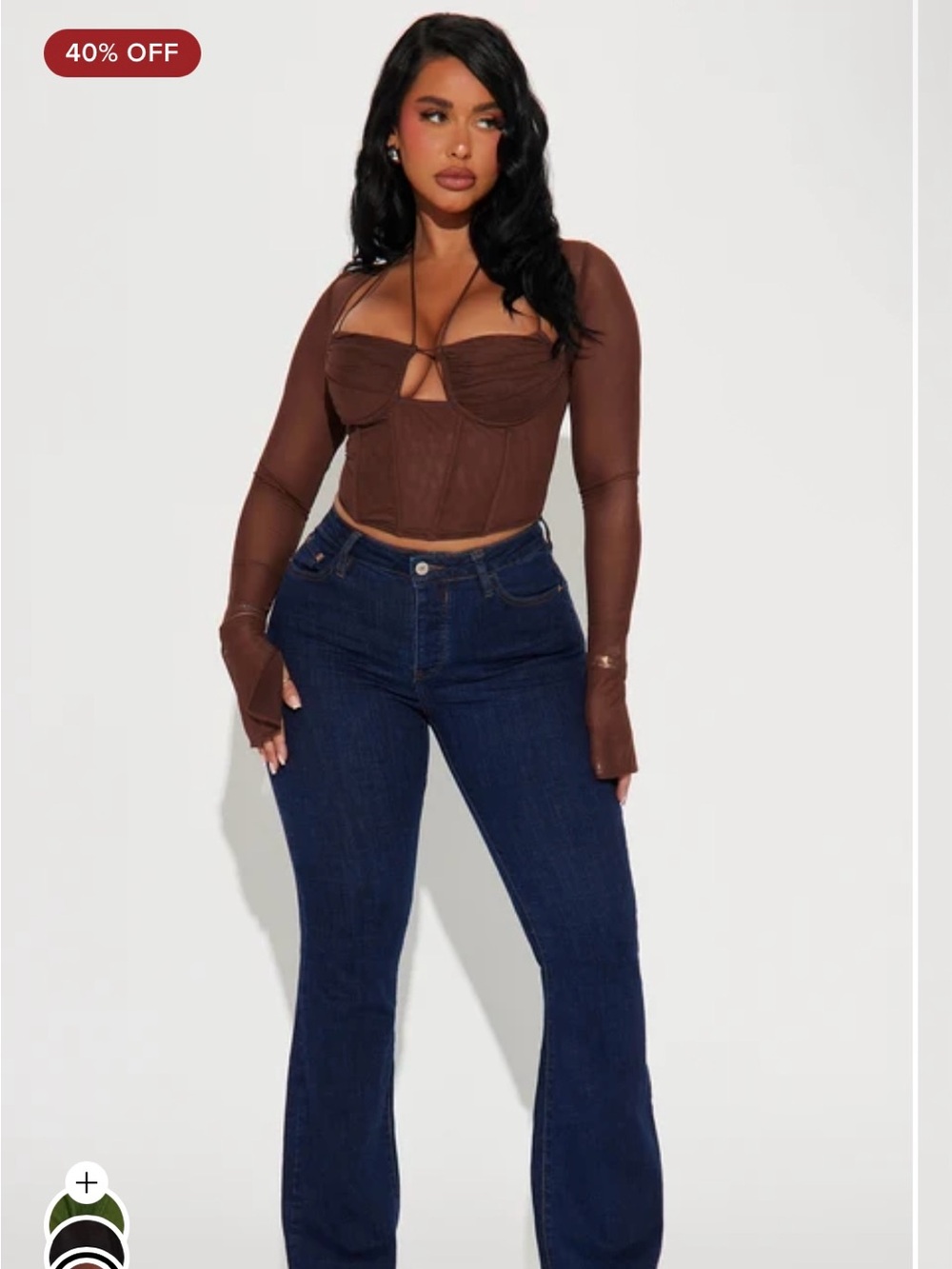 Fashion Nova Brown Mesh Long-Sleeve Corset Crop Top